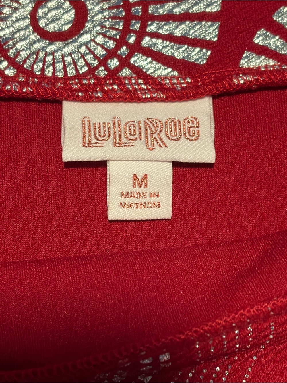 LuLaRoe Red Printed Pencil Skirt with Circular Motif Silver - Picture 3 of 3